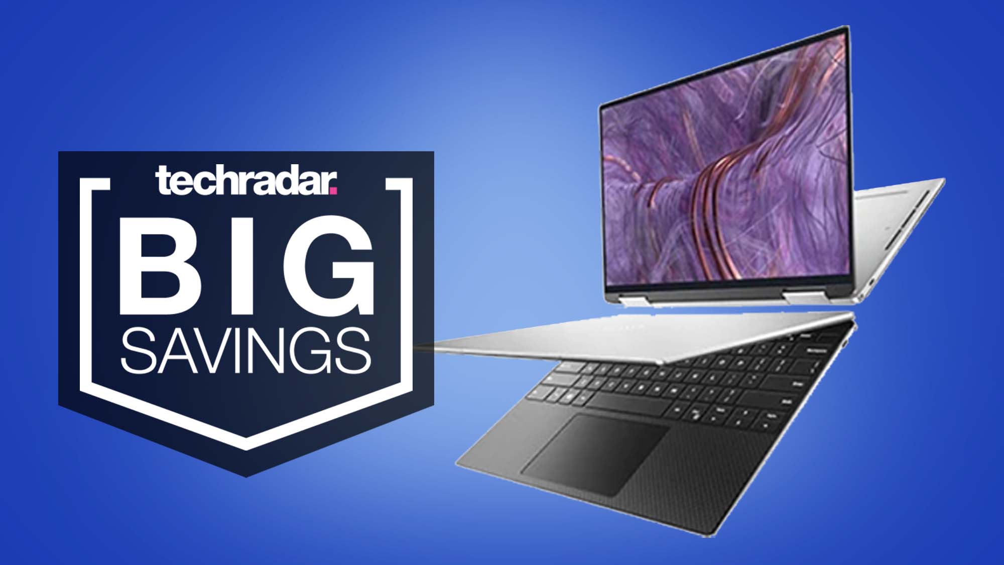 A pair of Dell XPS 13 2-in-1 laptops against a Blue background with a TechRadar Big Savings badge