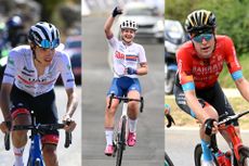 A collage with pictures of Juan Ayuso, Zoe Bäckstedt and Fred Wright, all cycling