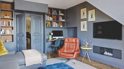 Blue living room with TV and computer