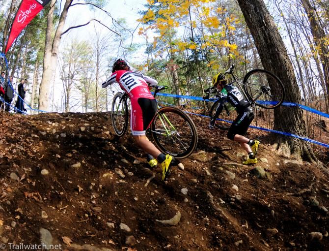 Crystal Anthony (Cyclocrossworld.com) racing veteran Mary McConneloug in Northampton, Massachusetts