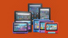 Amazon fire tablets on an orange background
