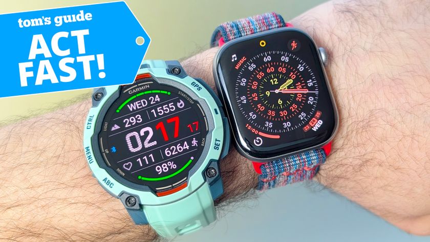 Close-up of the Garmin Instinct 3 and Apple Watch Series 11
