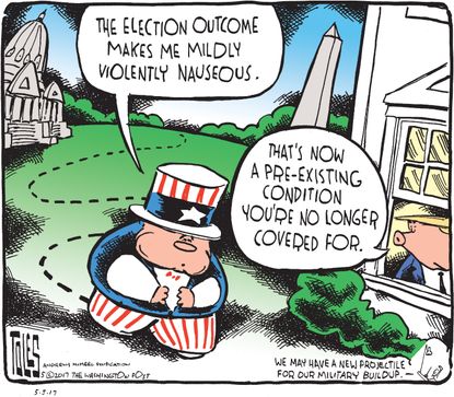 Political Cartoon U.S. Uncle Sam Liberty Nauseous Trump Health Care Comey