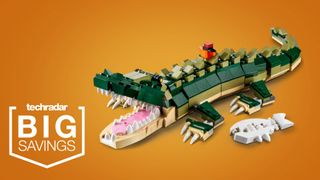 A sign saying Big Savings next to a Lego Crocodile