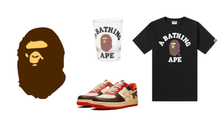 A Bathing Ape flat logo of ape head, also seen on shot glass and t-shirt; College Dropout trainer collaboration