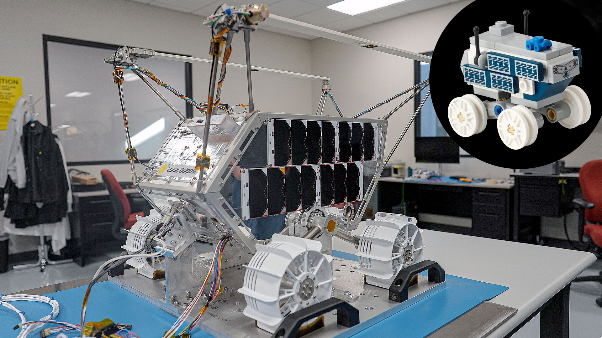 a photo of small robotic rover with four wheels, solar panels and instrumentation on board. An inset shows a Lego-version of the same rover.