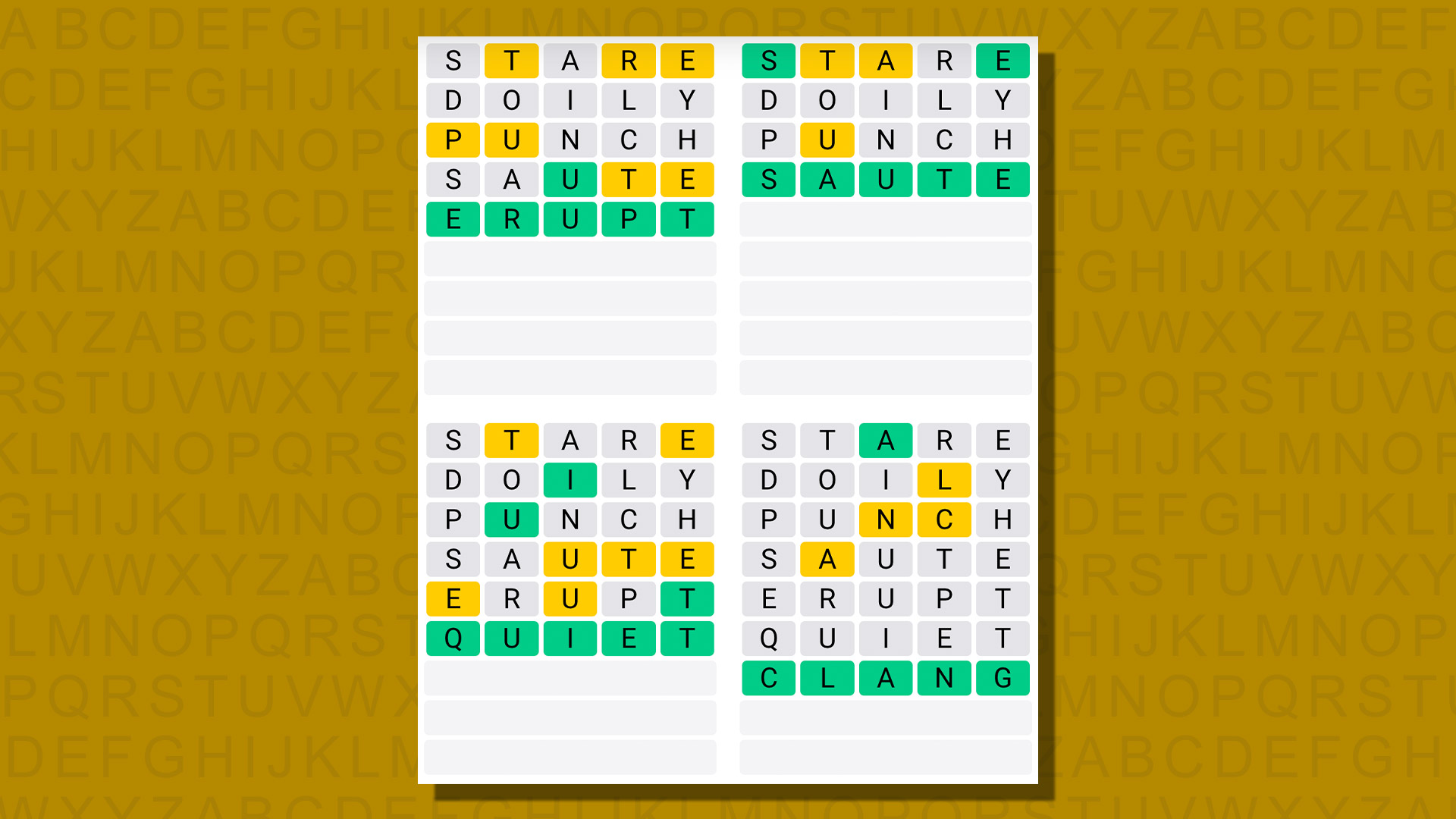 Respuestas de Quordle para el juego 771 sobre un fondo amarillo