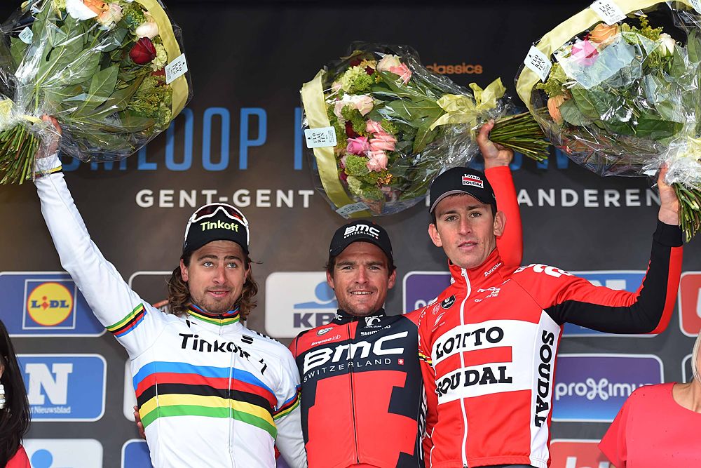 Greg Van Avermaet (BMC) tops the podium at Omloop Het Nieuwsblad