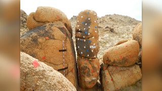 Stickers aid digital recreations of precarious boulders at Lovejoy Buttes, near Los Angeles.