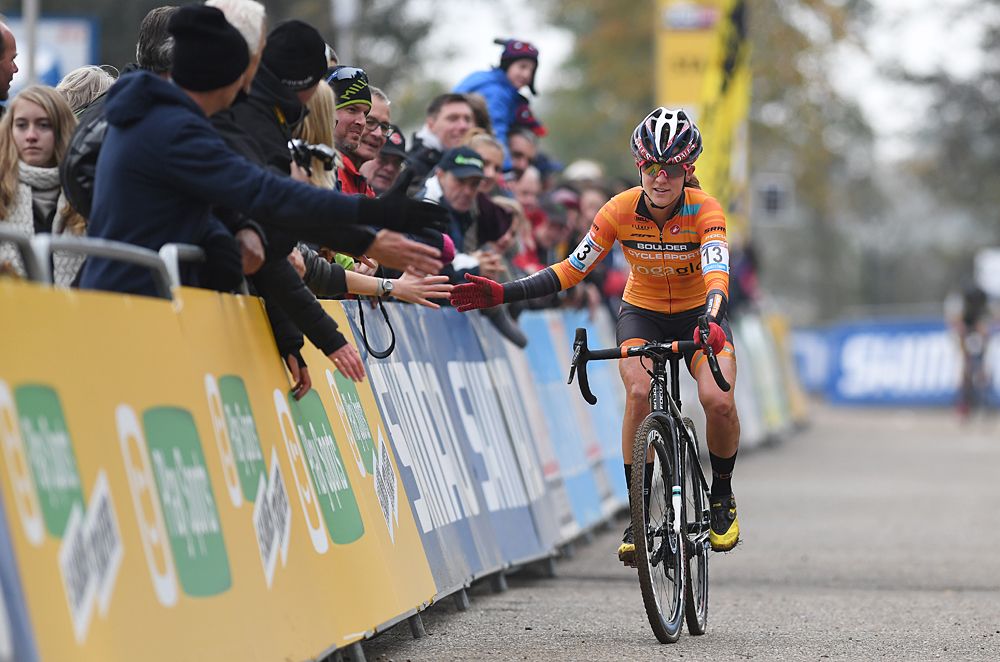 Amanda Miller celebrates her fifth place in Valkenburg
