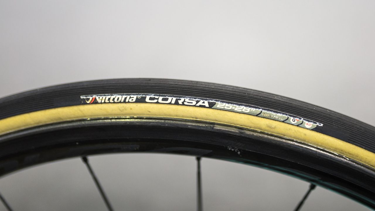 The rear tubular tyre has seen better days and is likely to be replaced ahead of the opening stage of the 2018 WorldTour