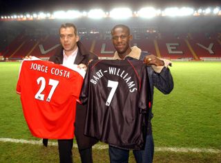 Chris Bart-Williams and Jorge Costa holds their new shirts at The Valley following the press announcement of his transfer to Charlton Athletic