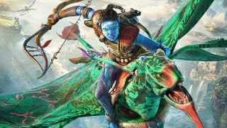 Artwork for the Avatar: Frontiers of Pandora video game. Here we see a Na'vi (tall, slender, blue humanoid) with dark hair in a braid, green cat-like eyes, and a white smudge across their forehead. They are riding on winged green, reptilian creature.