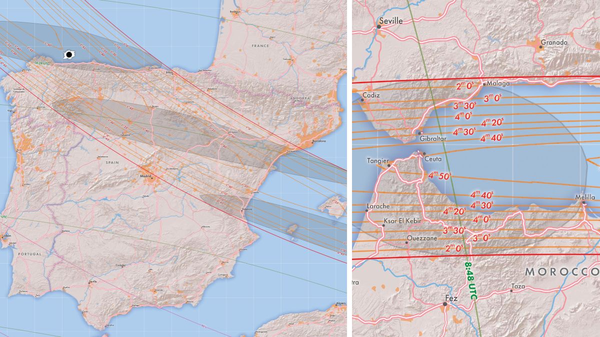 imagens lado a lado de mapas para o caminho do eclipse solar total de 2026 e 2027 pela Espanha.