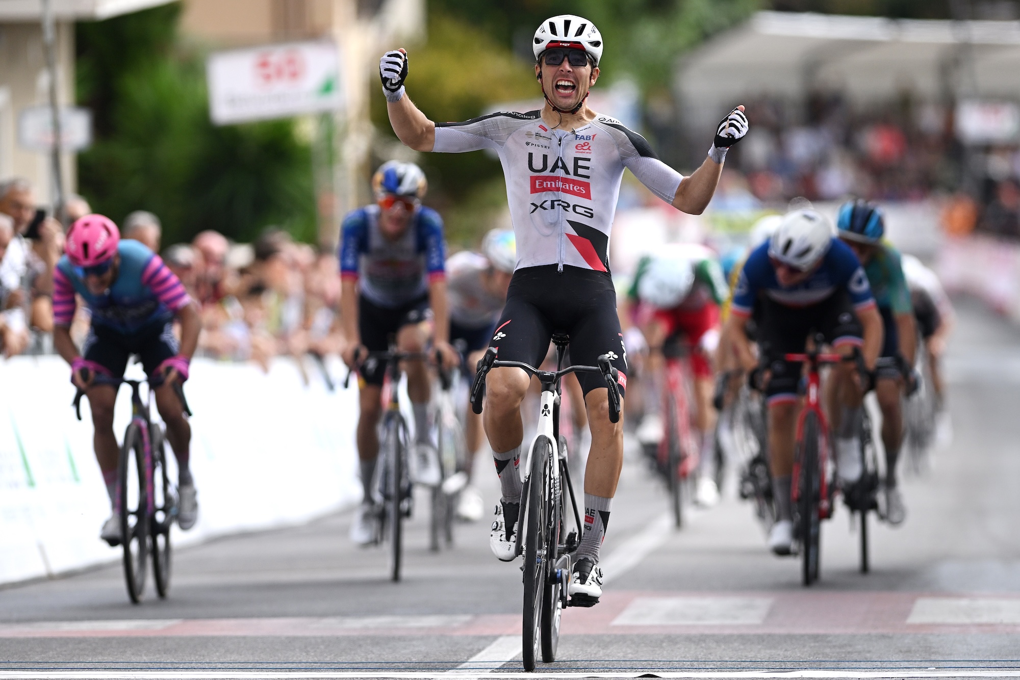 Benoit Cosnefroy (UAE Team Emirates-XRG) celebrates at finish line as race winner of Gran Premio Citta di Peccioli 2026 - Coppa Sabatini