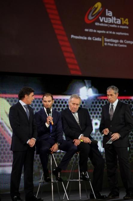 Former pro and 2-time Vuelta champion Pedro Delgado, 2009 Vuelta champion Alejandro Valverde, Javier Minguez and journalist Carlos de Andres present the route of the 2014 Vuelta a Espa&ntilde;a