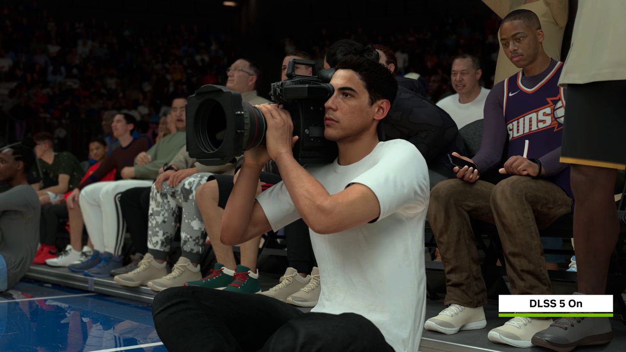 A DLSS 5 example image from NBA 2K27 showing NPC spectators in the crowd with DLSS 5 on
