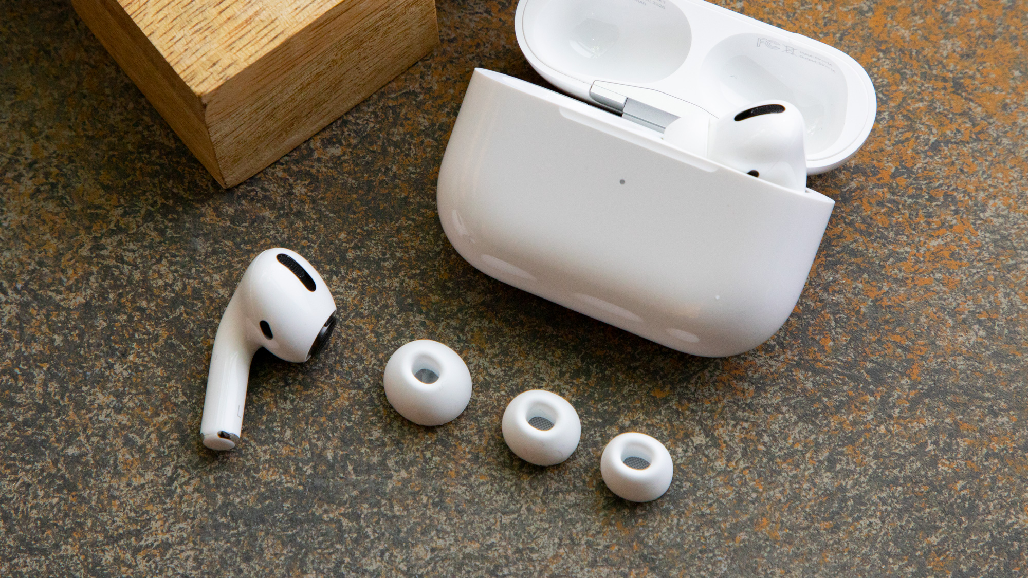 the AirPods Pro with the different silicone ear tips in a row