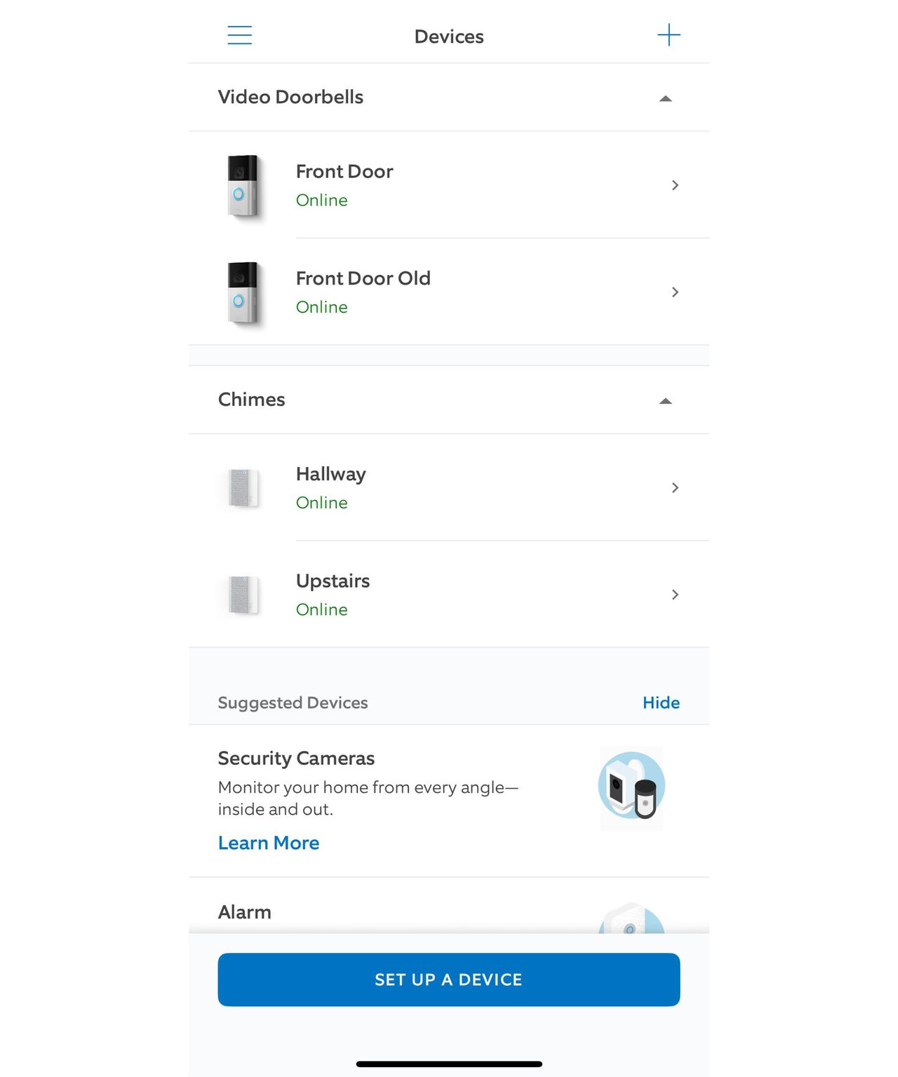 A screenshot of the 'Devices' settings on the Ring doorbell app.