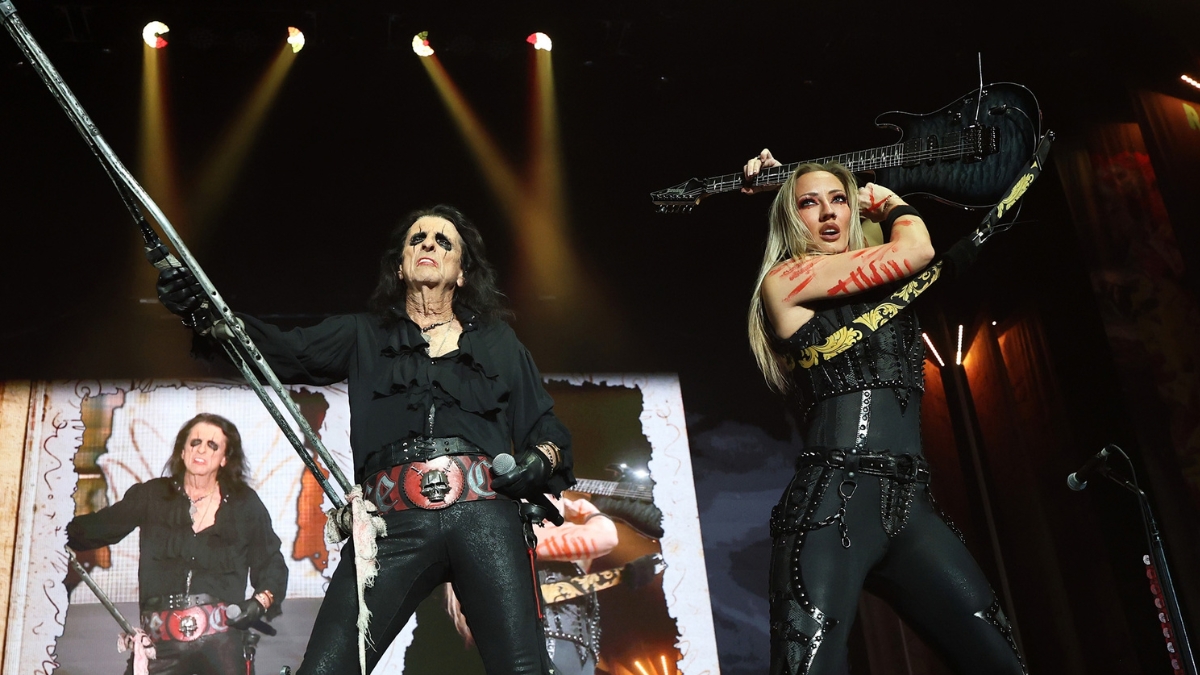 Alice Cooper and Nita Strauss perform at The Kia Forum on October 19, 2025 in Inglewood, California.