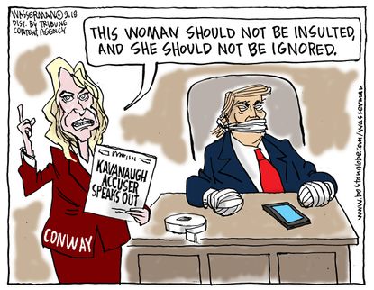 Political cartoon U.S. Trump Kellyanne Conway Brett Kavanaugh sexual assault allegation