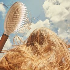 the back of a woman's head with light brown hair against a blue cloud sky with a hairbrush full of loose hair