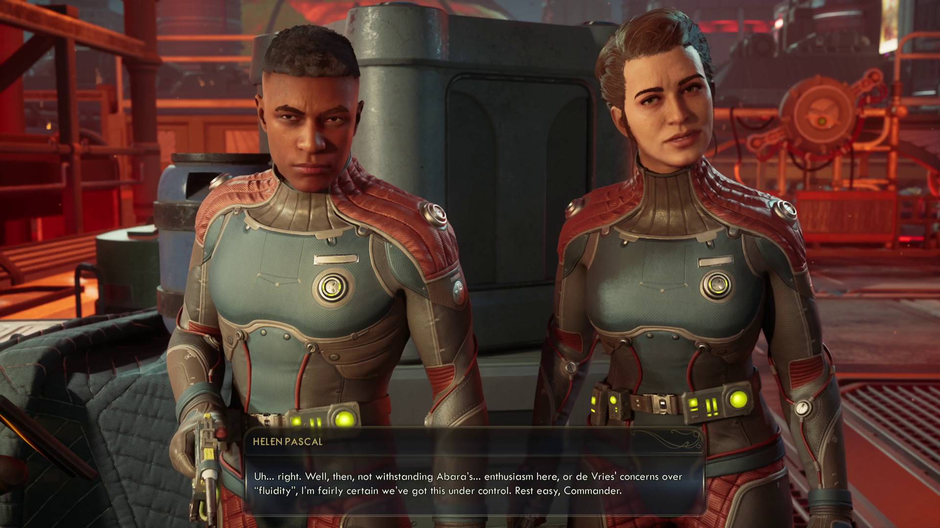 The Outer Worlds 2 Niles Abara and Helen Pascal talking to the player character in the intro mission