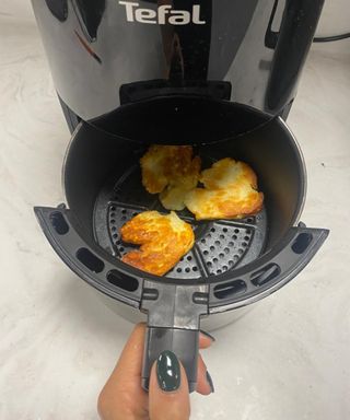Four slices of Cypriot Halloumi cheese cooked in a T-fal air fryer