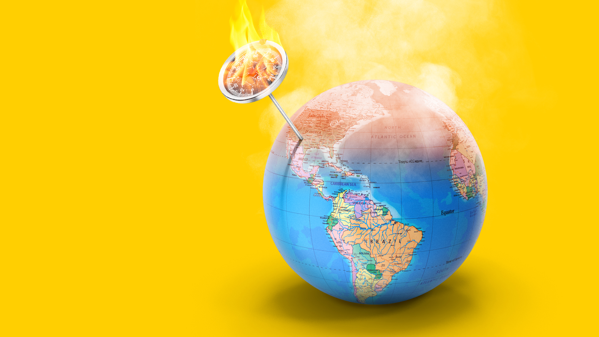 Illustration of a smoking globe with a flaming kitchen thermometer stuck into North America