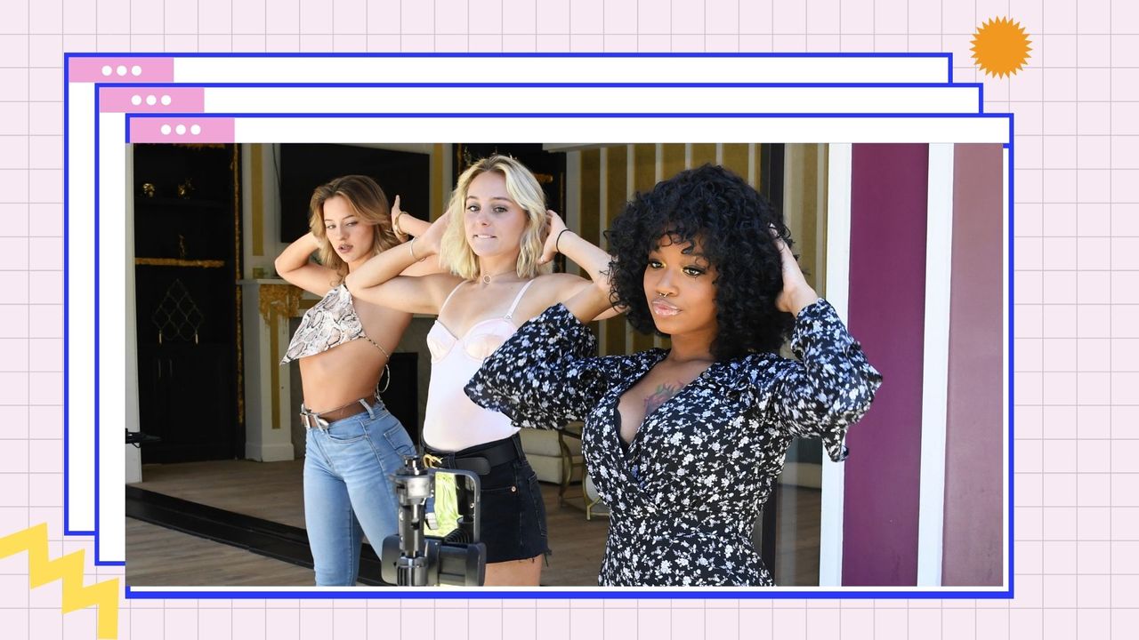 SHERMAN OAKS, CALIFORNIA - MAY 18: (L-R) TikTok influencers Zoey Aune, Ellery Sprayberry and Mikeila Jones perform during An Afternoon With TikTok&#039;s &quot;Girls In The Valley&quot; on May 18, 2020 in Sherman Oaks, California