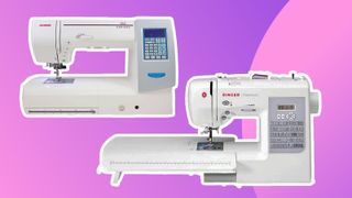 Best sewing machines for quilting; two sewing machines on a pink background