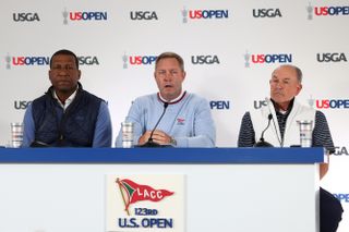 Fred Perpall (left), Mike What (centre), and John Bodenhamer at the USGA press conference ahead of the 2023 US Open Championship