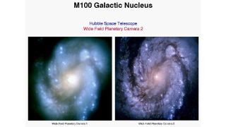 On the left is an image of the galaxy M100 taken by Hubble before its vision was fixed; on the right is the first image taken after Hubble was repaired, showing the difference in clarity.