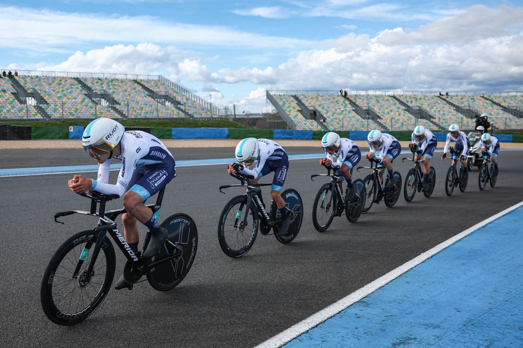 Bahrain Victorious' riders cycle during the 3rd stage of the Paris-Nice cycling race, a 28,4 km team time trial between Nevers Magny-Cours Circuit and Nevers, on March 11, 2025. (Photo by Anne-Christine POUJOULAT / AFP)