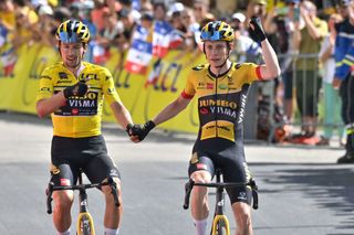 Slovenian Primoz Roglic of JumboVisma and Danish Jonas Vingegaard of JumboVisma celebrate at the arrival as Vingegaard wins the last stage and Roglic wins the general ranking at the final stage of the Criterium du Dauphine cycling race 139km from SaintAlbanLeysse to Plateau de Solaison France Sunday 12 June 2022BELGA PHOTO DAVID STOCKMAN Photo by DAVID STOCKMAN BELGA MAG Belga via AFP Photo by DAVID STOCKMANBELGA MAGAFP via Getty Images