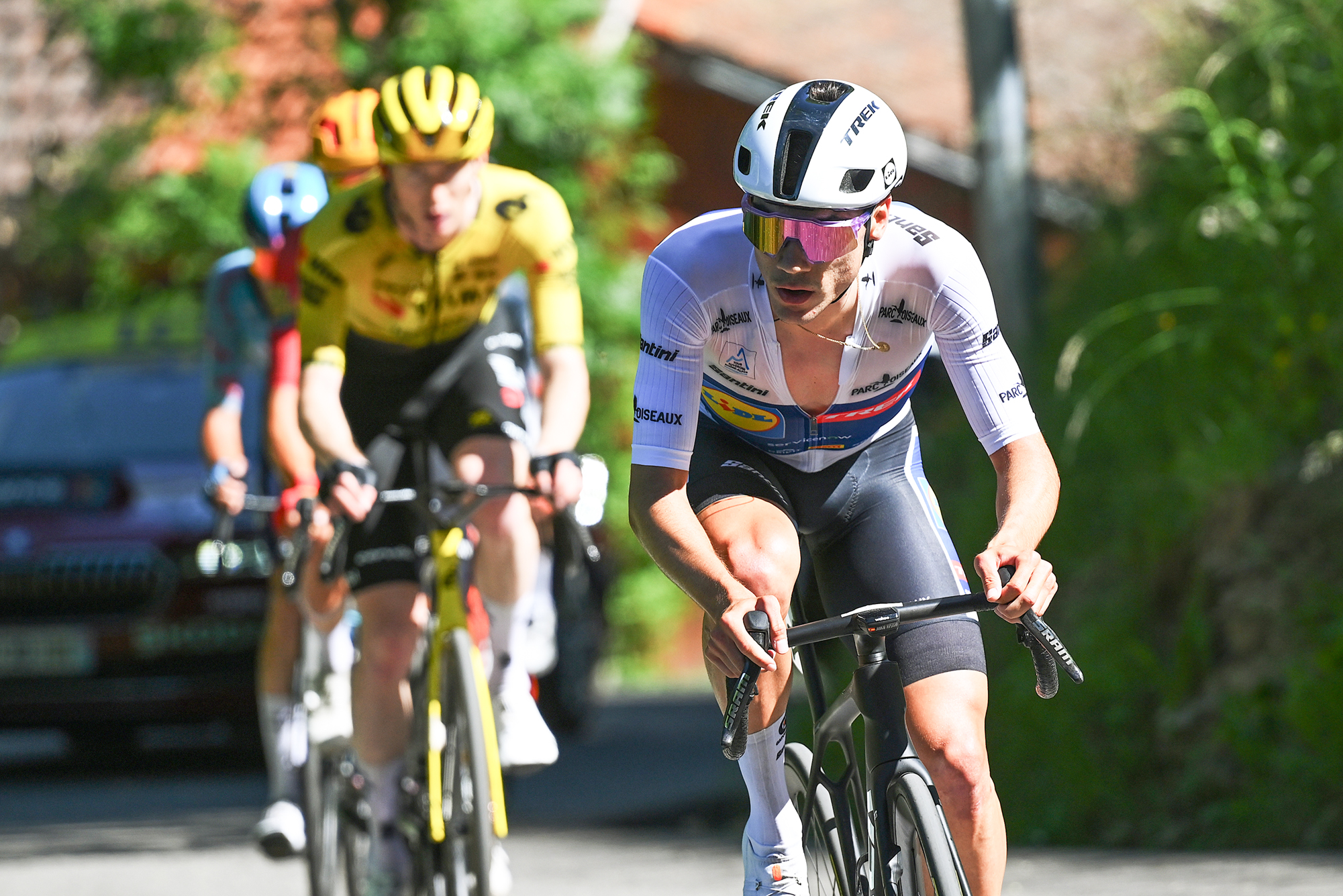 Juan Ayuso races up the Plateau de Solaison ahead of Matteo Jorgenson on the final stage of the 2026 Tour Auvergne-Rh&ocirc;ne-Alpes