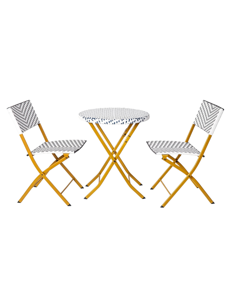 Flash Furniture Rouen Commercial Grade Folding Bistro Set, Indoor/outdoor Pe Rattan Table Top, Back and Seat, Natural Steel Frames, 3 Piece Set, Navy/white