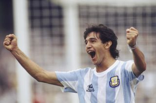 Jorge Burruchaga celebrates after scoring for Argentina against Bulgaria at the 1986 World Cup.