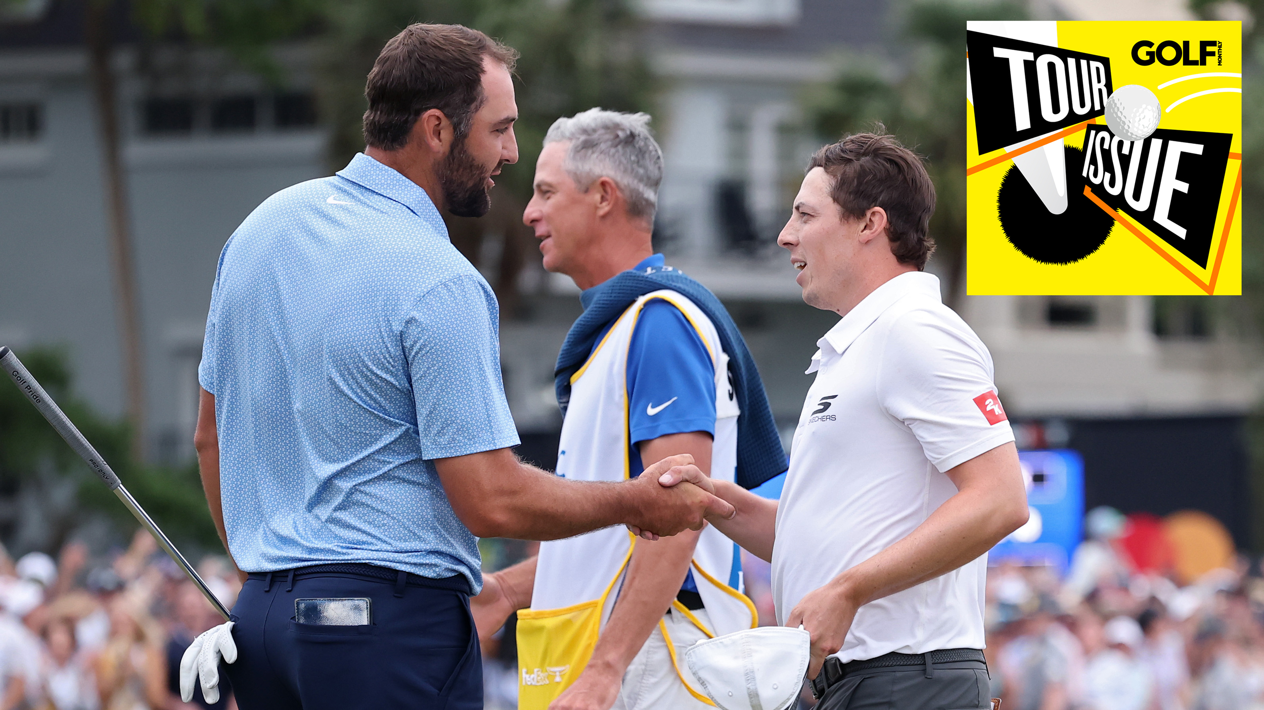 Scottie Scheffler and Matt Fitzpatrick shake hands and a yellow Golf Monthly Tour Issue podcast logo in the top-right