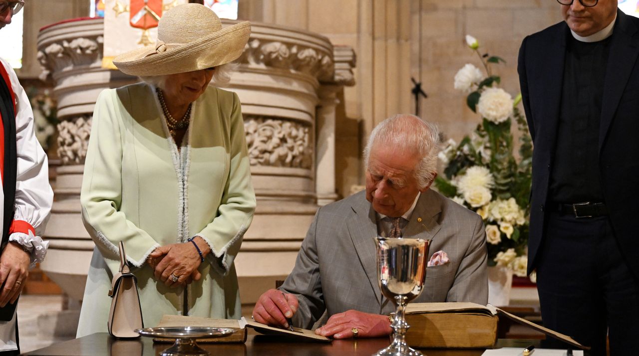 King Charles III and Queen Camilla arrive to attend a service at St. Thomas&#039;s Anglican Church on October 20, 2024 in Sydney, Australia.