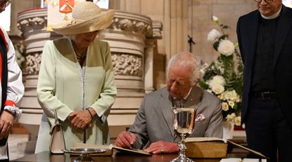 King Charles III and Queen Camilla arrive to attend a service at St. Thomas&#039;s Anglican Church on October 20, 2024 in Sydney, Australia.