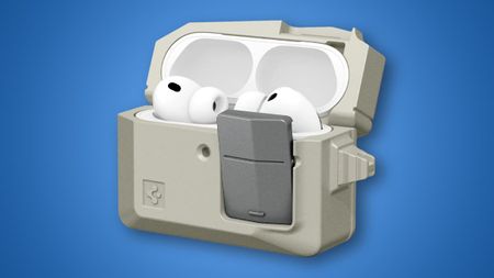 The Spigen Classic LS case for Apple's AirPods Pro 3 against a blue background.