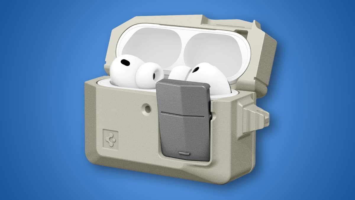 The Spigen Classic LS case for Apple's AirPods Pro 3 against a blue background.