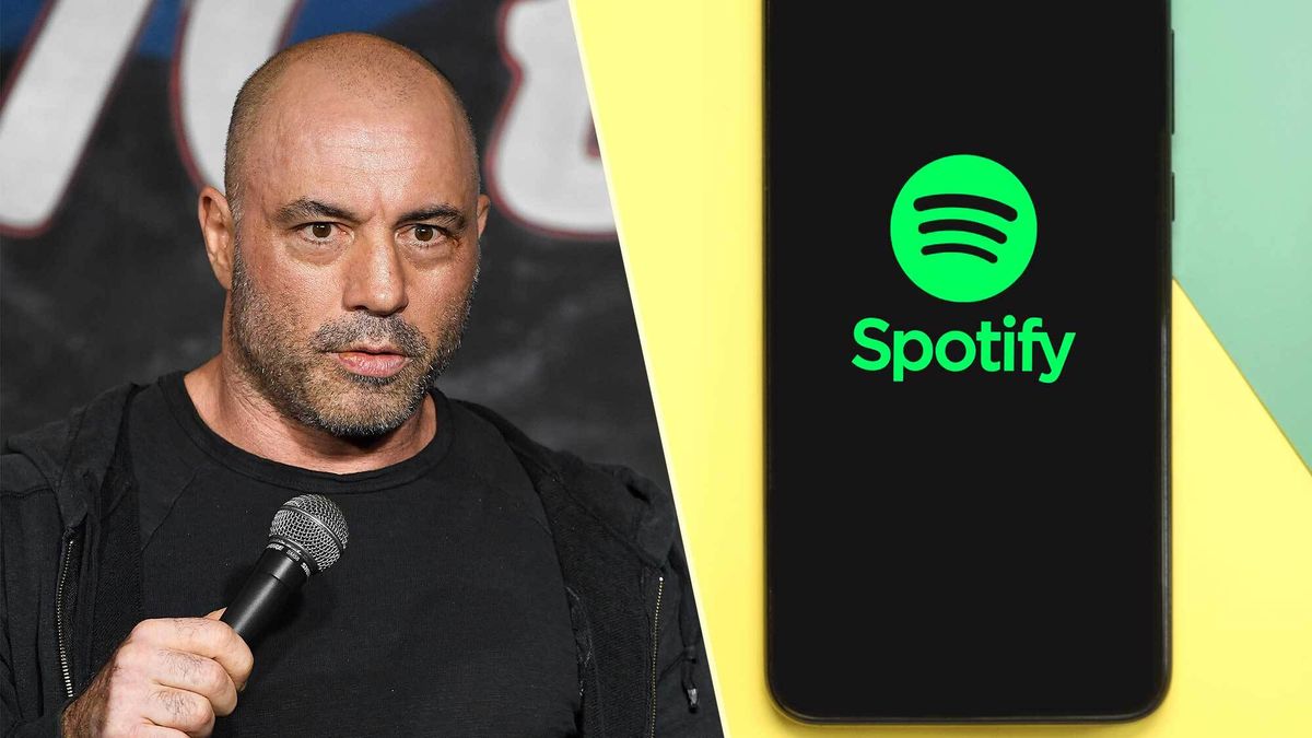 Image of host Joe Rogan alongside Spotify logo.