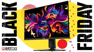 An image of an MSI MAG 271QP OLED gaming monitor, against a colorful background, with a set of Black Friday and PC Gamer logos on the sides