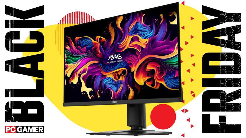 An image of an MSI MAG 271QP OLED gaming monitor, against a colorful background, with a set of Black Friday and PC Gamer logos on the sides