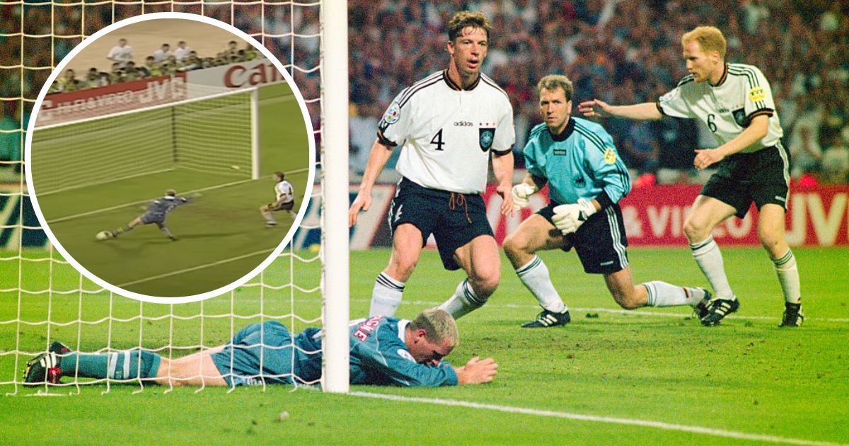 England player Paul Gascoigne reacts after failing to convert a cross as Germany players (left to right) Steffen Freund, Andreas Köpke and Matthias Sammer look on during the 1996 UEFA European Championships semi final match between England and Germany at Wembley Stadium on June 26, 1996 in London, England