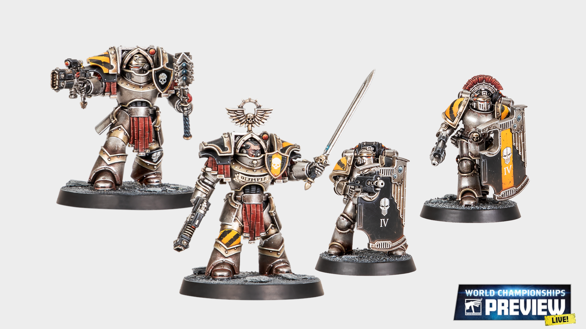 Warhammer Cataphractii Terminators (left) and Breacher models (right) on a plain background, with a World Championships Preview logo in the bottom right