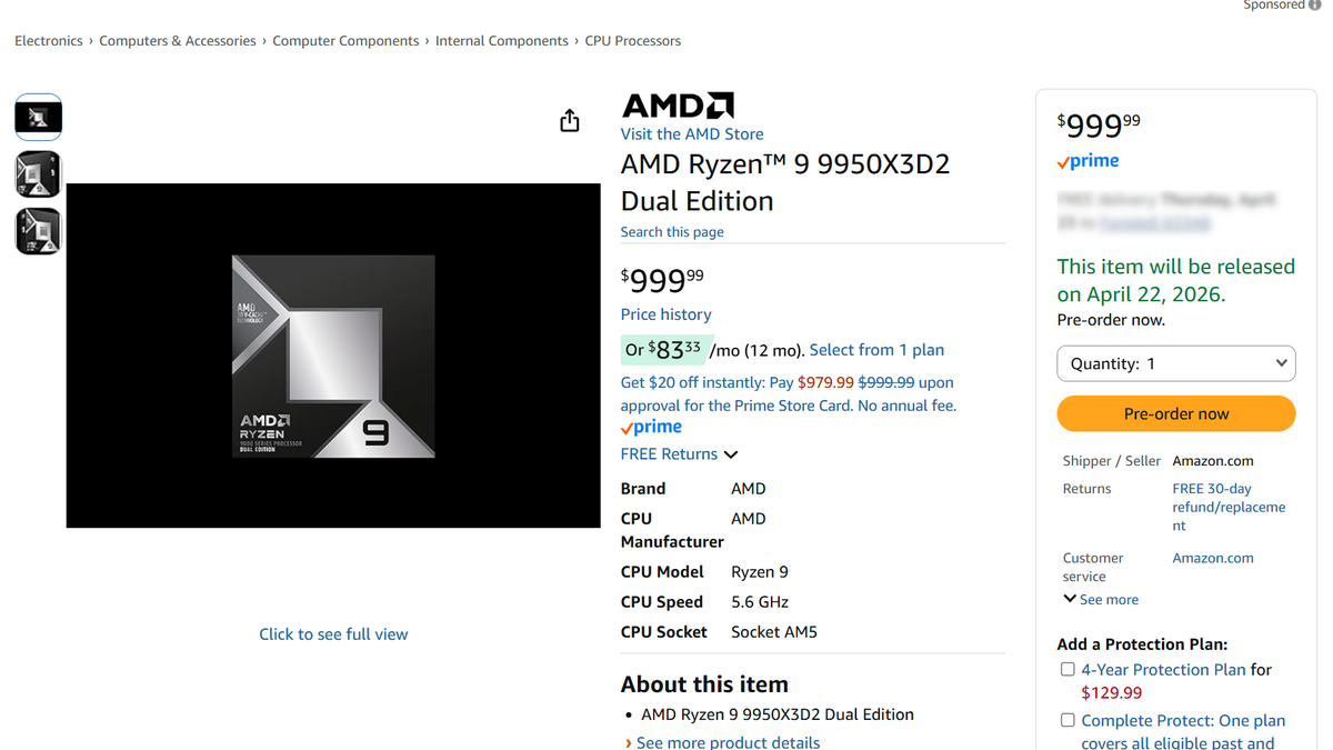AMD Ryzen 9 9950X3D2 appears on Amazon with $1,000 pre-order price — AMD confirms recommended pricing is still set at $899