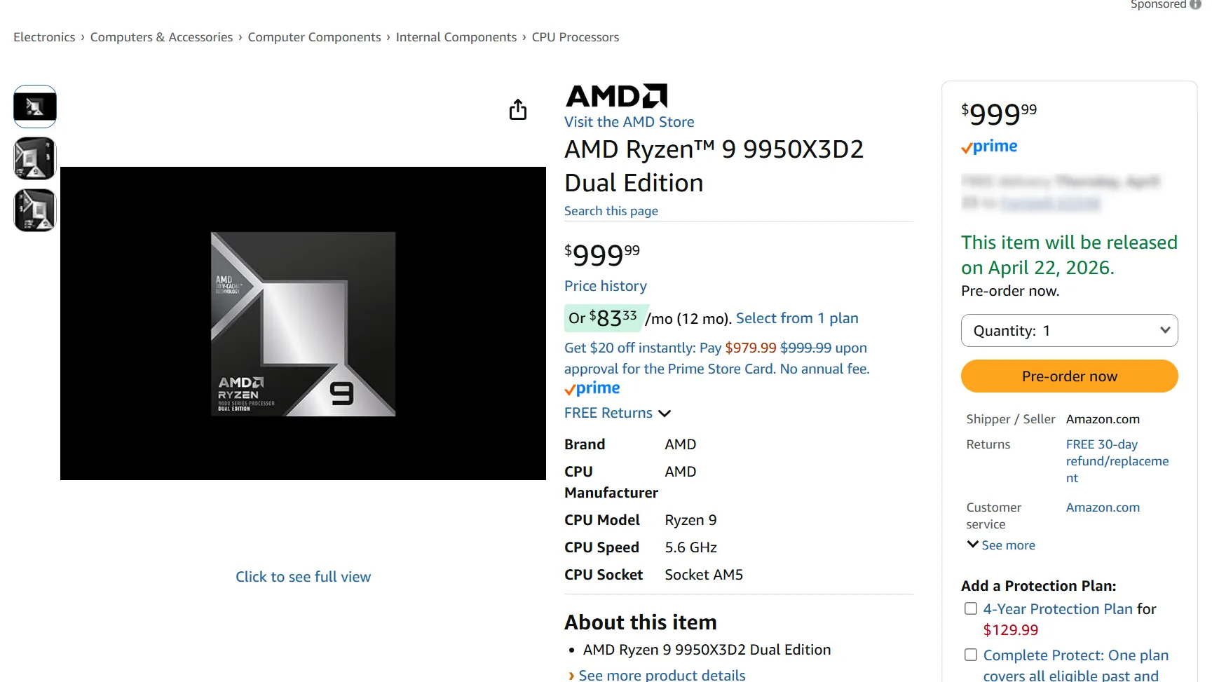 AMD Ryzen 9 9950X3D2 appears on Amazon with $1,000 pre-order price — AMD confirms recommended pricing is still set at $899 [Updated]